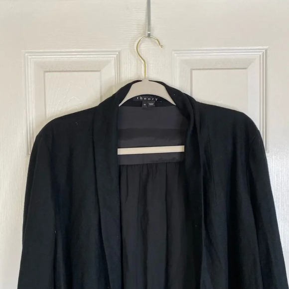 THEORY Wool Silk Open Front Cardigan Black Size 10 Elegant Chic Capsule Basic - Picture 3 of 7